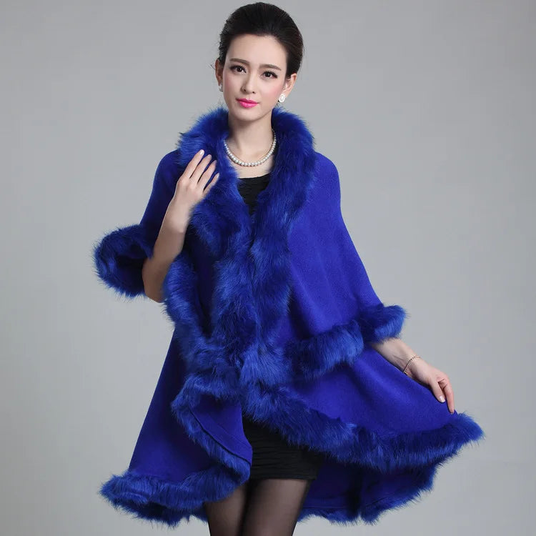 12 Colors Winter Warm Long 2 Layers Poncho Out Streetwear Cape Blue Cashmere Loose Cloak Women Faux Fur Poncho Cardigan Coat