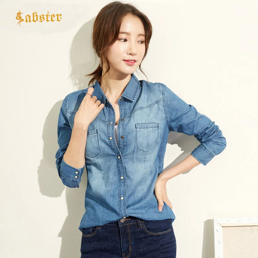 Fashion Long Sleeves Casual Denim Shirt Women Snap Button Cotton Ladies Shirt Plus Size Blue Jeans Shirt