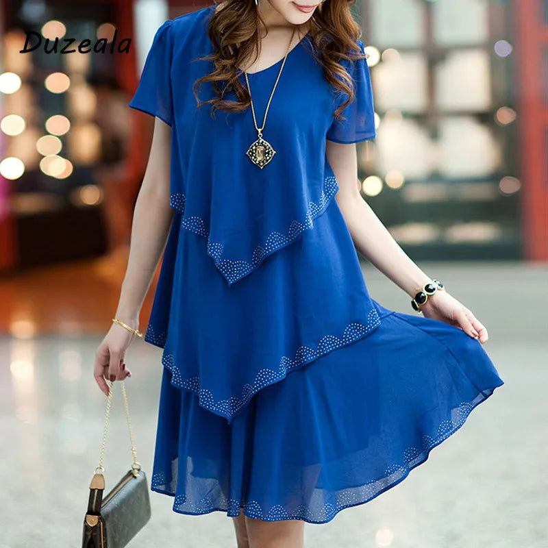 Customizable Women Clothing Chiffon Dress Summer Dresses Party Short Sleeve Casual dress De Festa Blue Black Robe