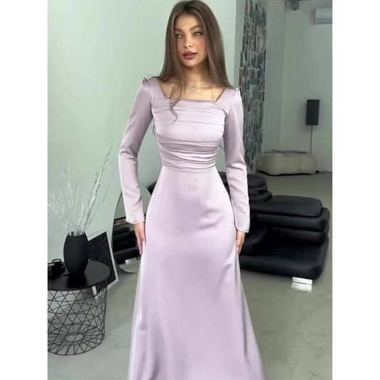 Satin Elegant Solid Long Dress Women V Collar Lace Up Diamond Setting Long Sleeve Dresses