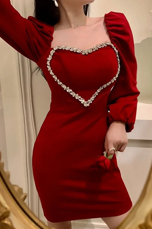 Peach Heart shaped Rhinestone Decorative French Elegant Women's Annual Meeting Dress Early Autumn Temperament Wine Red Dresses