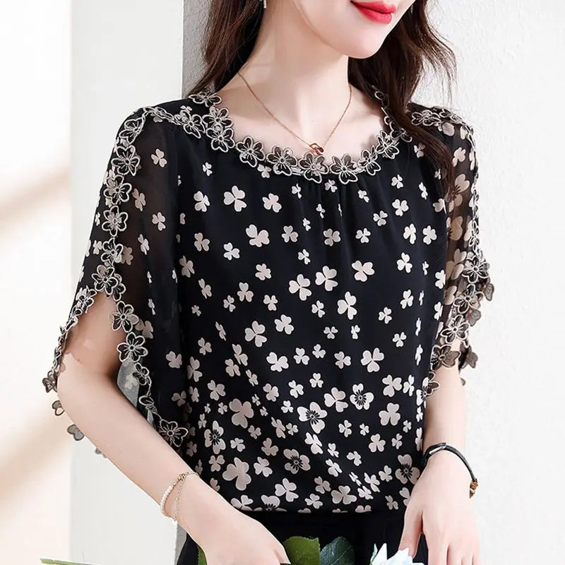 Women Summer Elegant Loose Temperament Printing Hollow Out O-neck Short Sleeve Chiffon Shirt Ladies Casual All-match Trend Tops