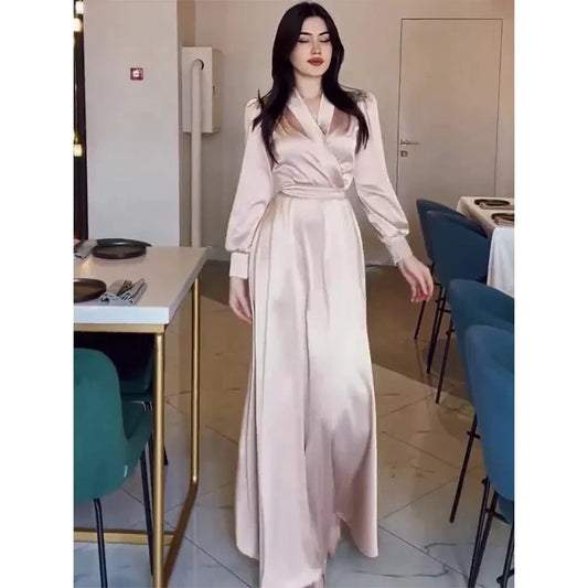 Harvest Waist Temperament High End Exquisite Acetate Satin Long Sleeved Dress Women's Solid O-Neck Button Fashion Dresses