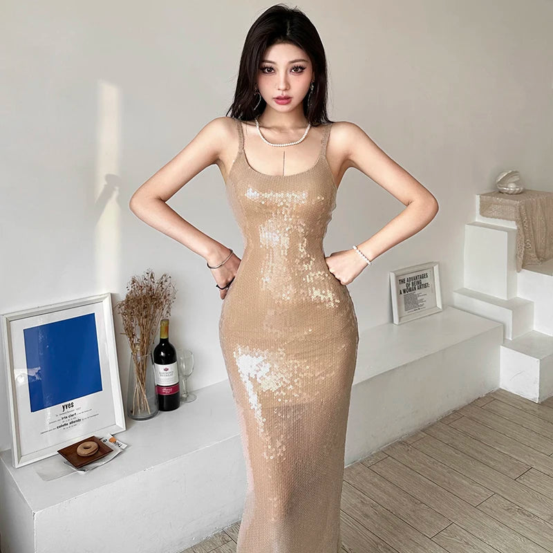 Elegant Lady High-Grade Slip Dress Women's Sexy Slim Fit Backless Sequined Sheath Nightclub Long Dress Banquet Footweight Ball