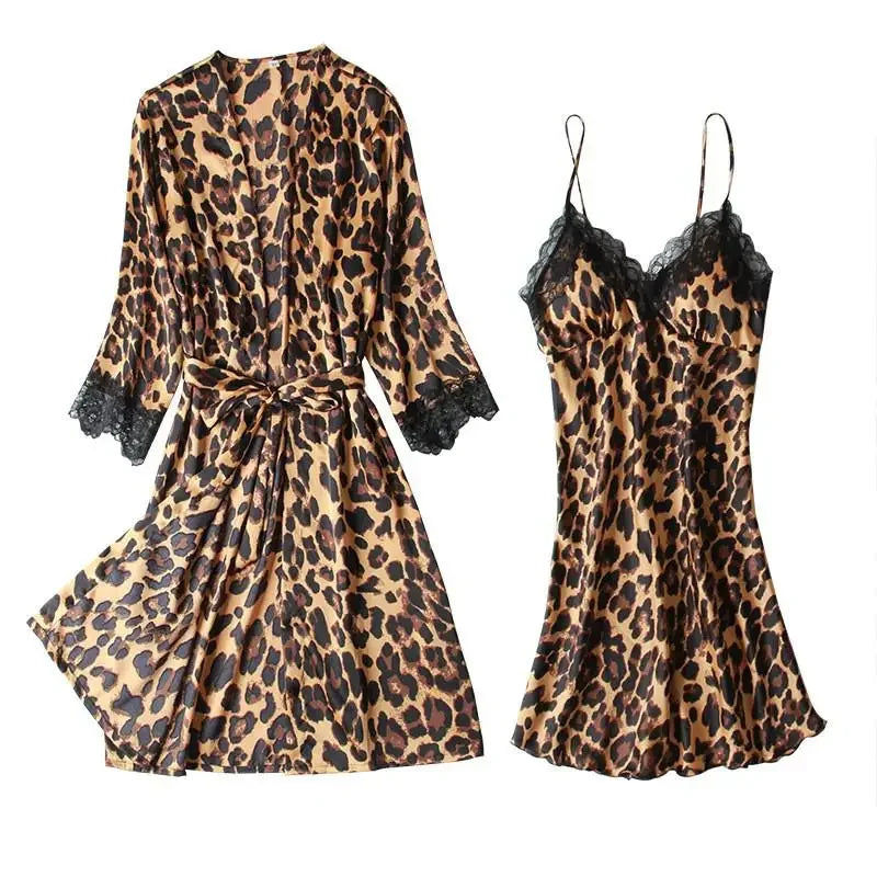 Women Satin Lace Kimono Bath Gown With Chemise Nightgown 2PCS Leopard Robe Set Sexy V-Neck Suspender Nightdress&Bathrobe Suit