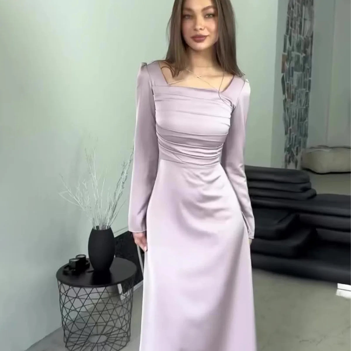 spring new slim fitting diamond studded strap long sleeved satin slim fitting dress for women