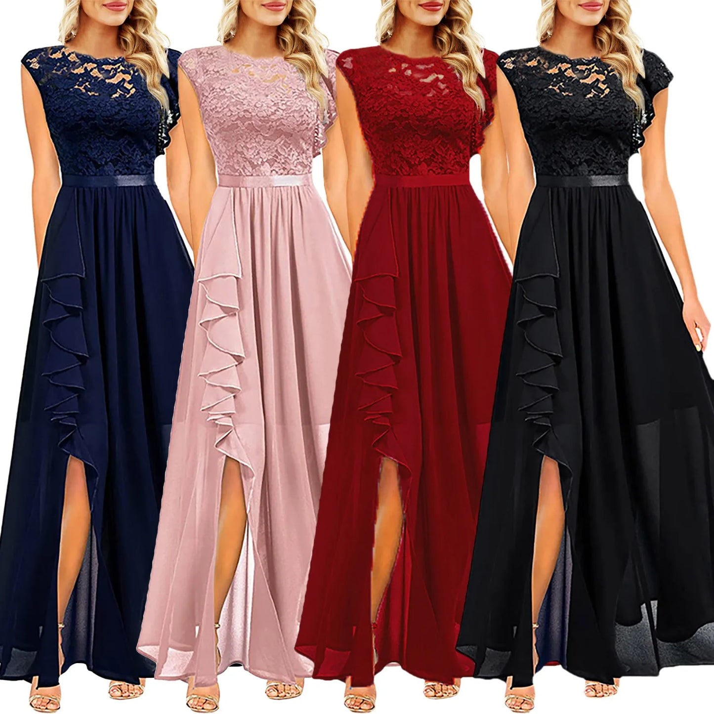 Women's Dress 2024 Ruffle Long Floral Lace Crew Neck Side Slit Maxi Prom Cocktail Dress Wedding Guest Party Dress платье женское