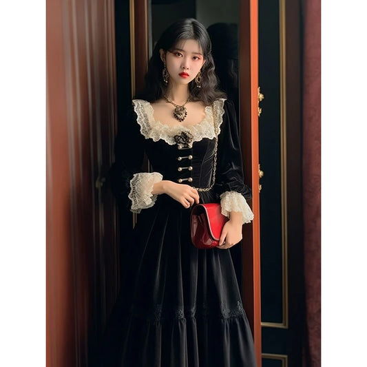 Elegant Women Dress Black Vintage Velvet Long Sleeve Gothic French Style Office Ladies Y2K Casual Evening Party Dresses