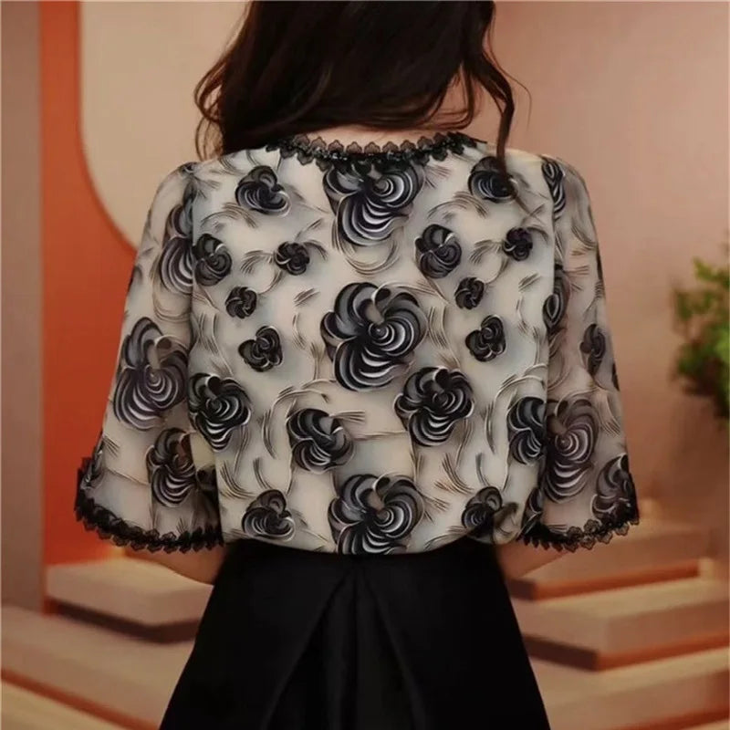 Limousine Runway Summer 3D Floral Printed Blouse Elegant Ruffle Neck Silk Shirt Split Short Sleeve Lace Women Top Versatile