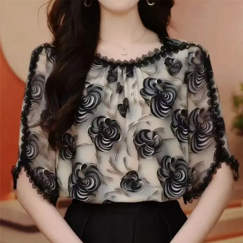 Limousine Runway Summer 3D Floral Printed Blouse Elegant Ruffle Neck Silk Shirt Split Short Sleeve Lace Women Top Versatile