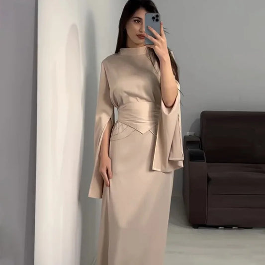 Elegant Lady Long Satin Dress Half High Collar Flare Sleeves Party Bodycon Dress Streetwear Solid Slim Evening Dresses For Women