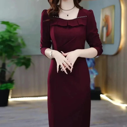 Fashionable High-end Temperament Solid Color Dress Autumn New Commuter Slim Fit Slimming and Covering Belly Mid Length Dresses