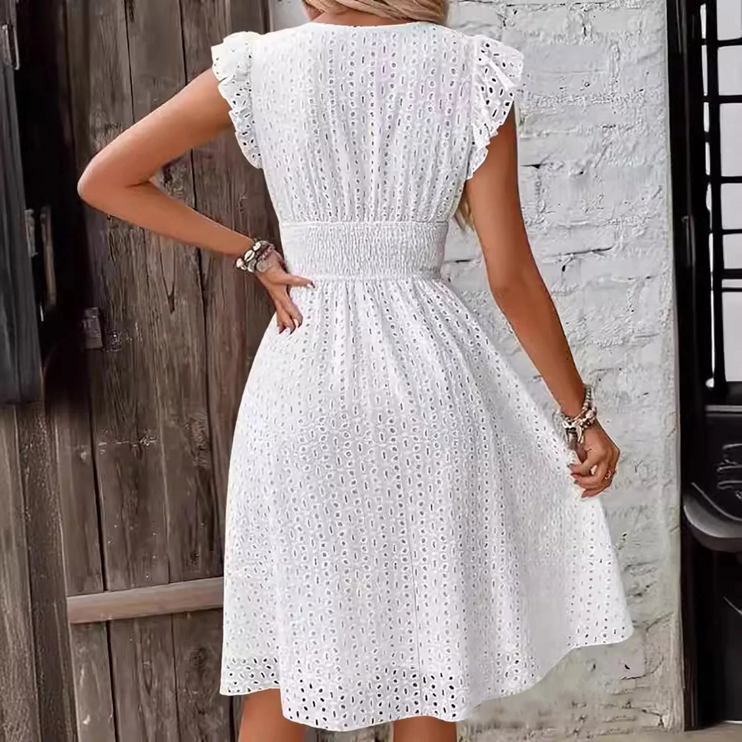 Women's Dress Lace Jacquard Hollow Out Slim V Neck Elastic Waist Midi Dress Vacation Mid Length Dresses For Daily Wear Korean