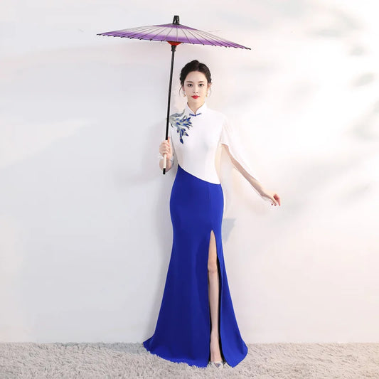 Sexy White Blue Female Cheongsam Elegant Applique Dress Gown Temperament Mandarin Collar Maxi Vestidos Fairy Trumpet Qipao