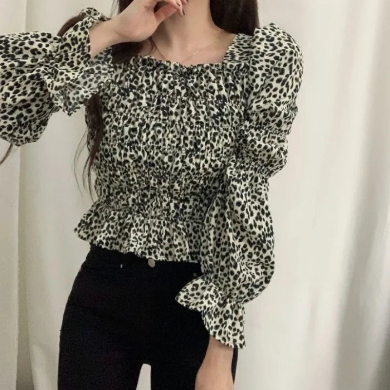 Vintage Puff Long Sleeve Women Blouse Leopard Print Shirt Fashion Spring Elegant Square Neck Chic Short Tops