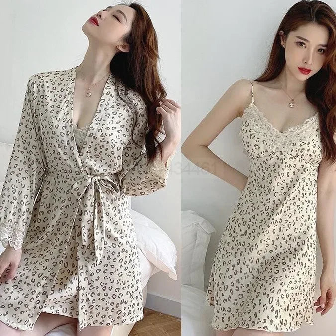 Women Satin Lace Kimono Bath Gown With Chemise Nightgown 2PCS Leopard Robe Set Sexy V-Neck Suspender Nightdress&Bathrobe Suit