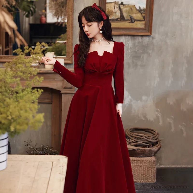 2024 Elegant Long sleeved Office Dress Wine Red Autumn Square Collar A-line Long Skirt Formal Party Wedding Bridesmaid Ball Dres