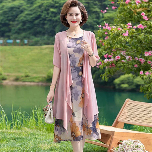 Summer Dress 2 Pieces Set Women Middle-aged New Chiffon Long Dress Casual Beach Elegant Mother Print Loose Dresses