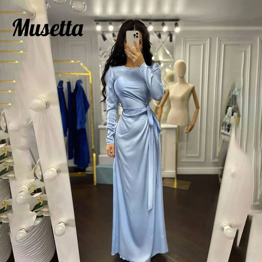 Musetta Simple Solid Satin Evening Gown Women O-Neck Long Sleeves Ruched Formal Prom Dress Side Slit FLoor-Length Robe De Soirée