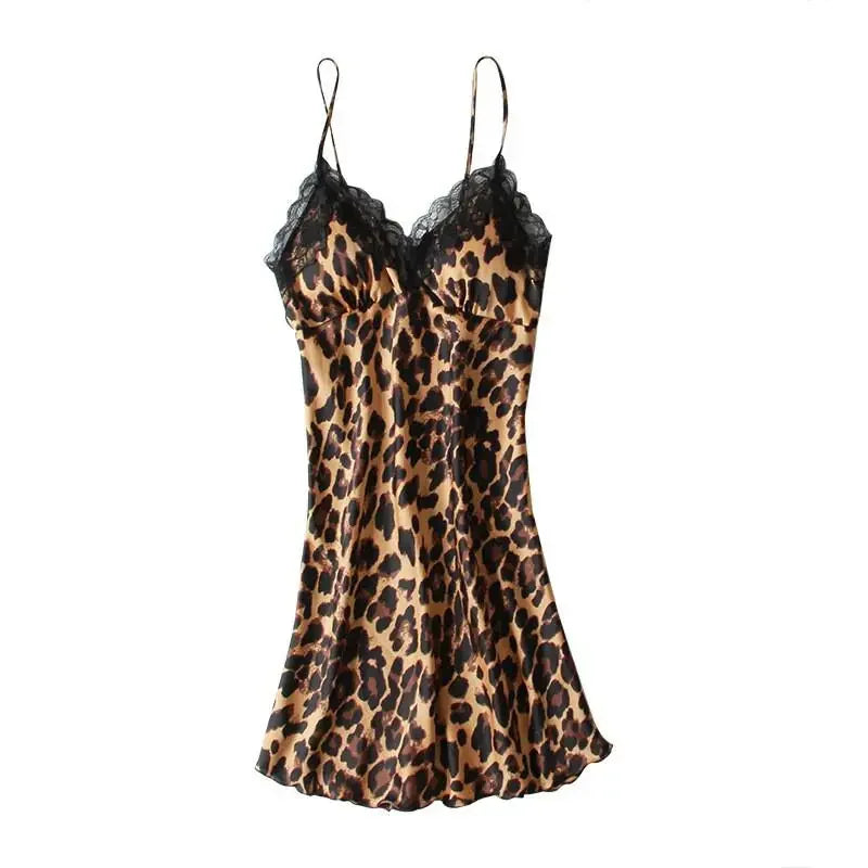 Women Satin Lace Kimono Bath Gown With Chemise Nightgown 2PCS Leopard Robe Set Sexy V-Neck Suspender Nightdress&Bathrobe Suit