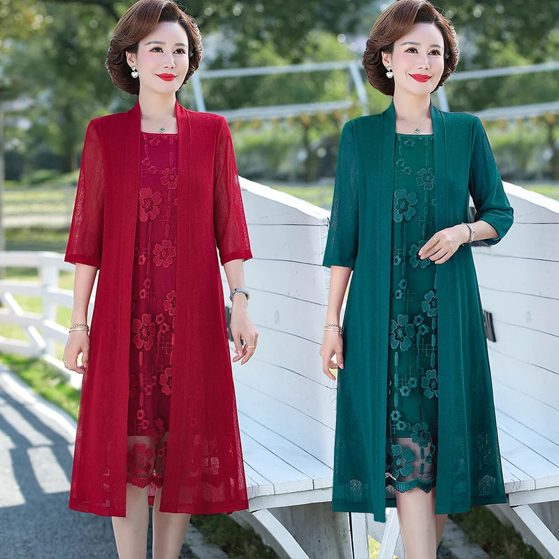 Middle-aged Mother Summer Women's lace dress Women's Clothing Vestidos Fake Two-piece Loose Women Party Feast dress