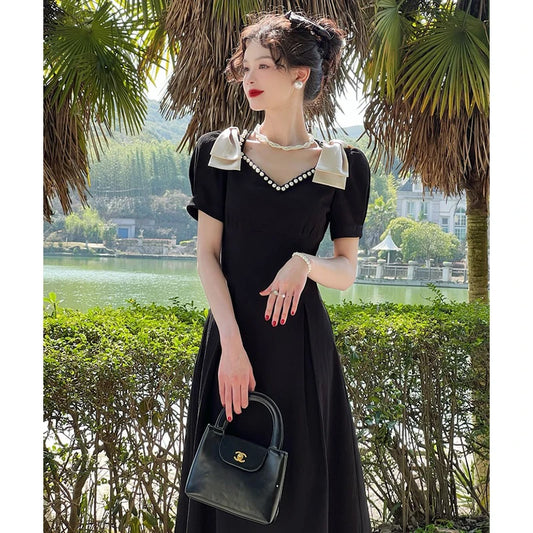 Elegant Black Women Dress Vintage Casual Office Ladies New Korean Fashion Short Sleeve Pearl V-Necked Summer Dresses