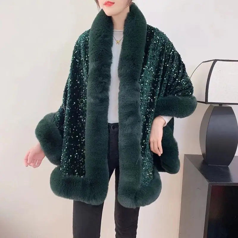 Fashion Shiny Paillette Faux Rex Rabbit Fur Cape Coat Women Winter Thicken Lining Warm Party Dress Cloak Shawl Women Wraps New