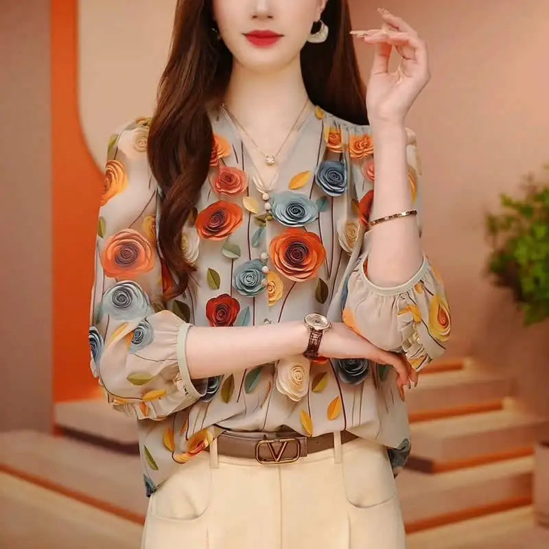 Women Summer Vintage Floral Print Blouses Korean Fashion V Neck 3/4 Sleeve Elegant Shirts Female Casual Ruffled Loose Chic Tops