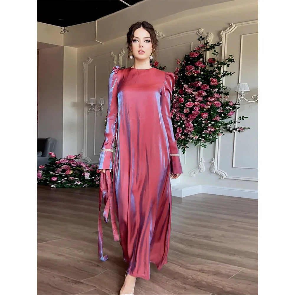 Fashion Satin Long Dress For Women Solid High Waist Long Sleeve Elegant Maxi Dress Female Party Evening Bridesmaid Dresses