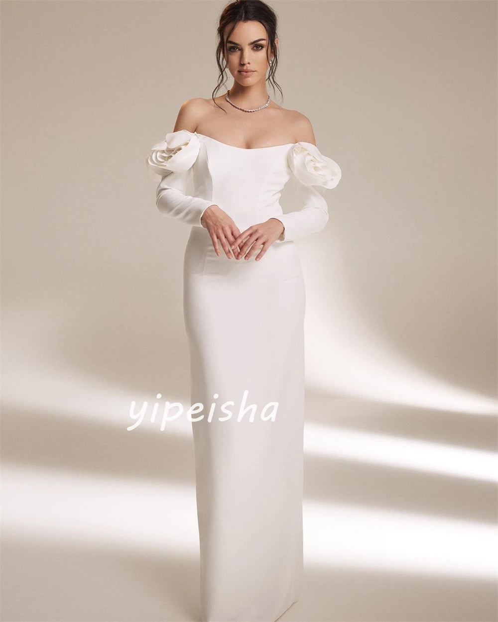 Customized Jersey Flower Ruched Homecoming A-line Off-the-shoulder Bespoke Occasion Gown Long Dresses