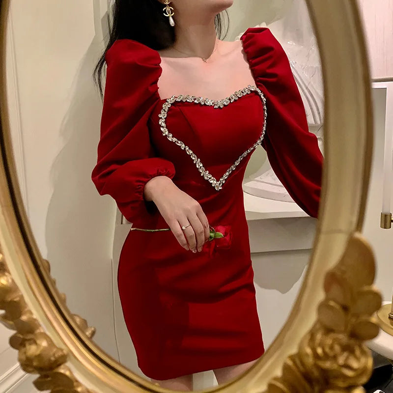 Peach Heart shaped Rhinestone Decorative French Elegant Women's Annual Meeting Dress Early Autumn Temperament Wine Red Dresses