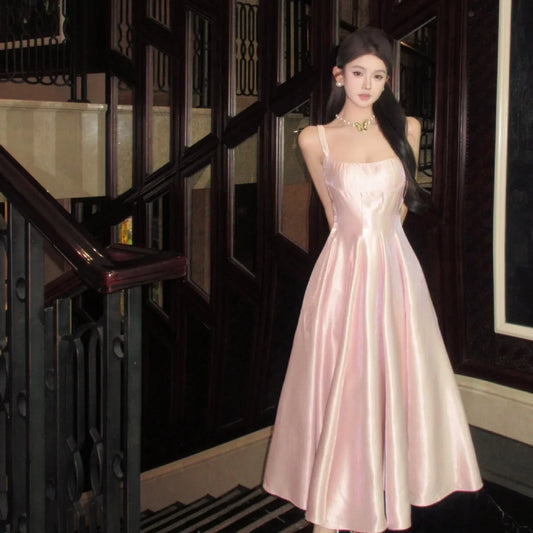 Pure Pink Satin Princess Dress Sexy Long Dress For Birthday And Banquet Charming Tank Top With Thousand Gold