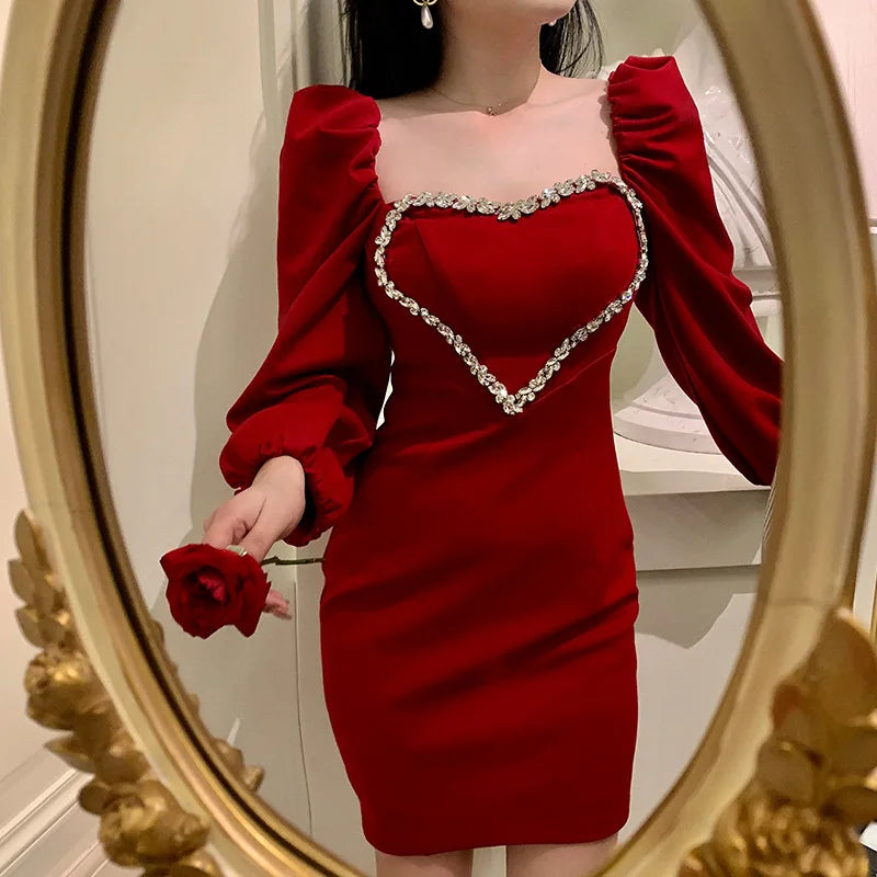 Peach Heart shaped Rhinestone Decorative French Elegant Women's Annual Meeting Dress Early Autumn Temperament Wine Red Dresses