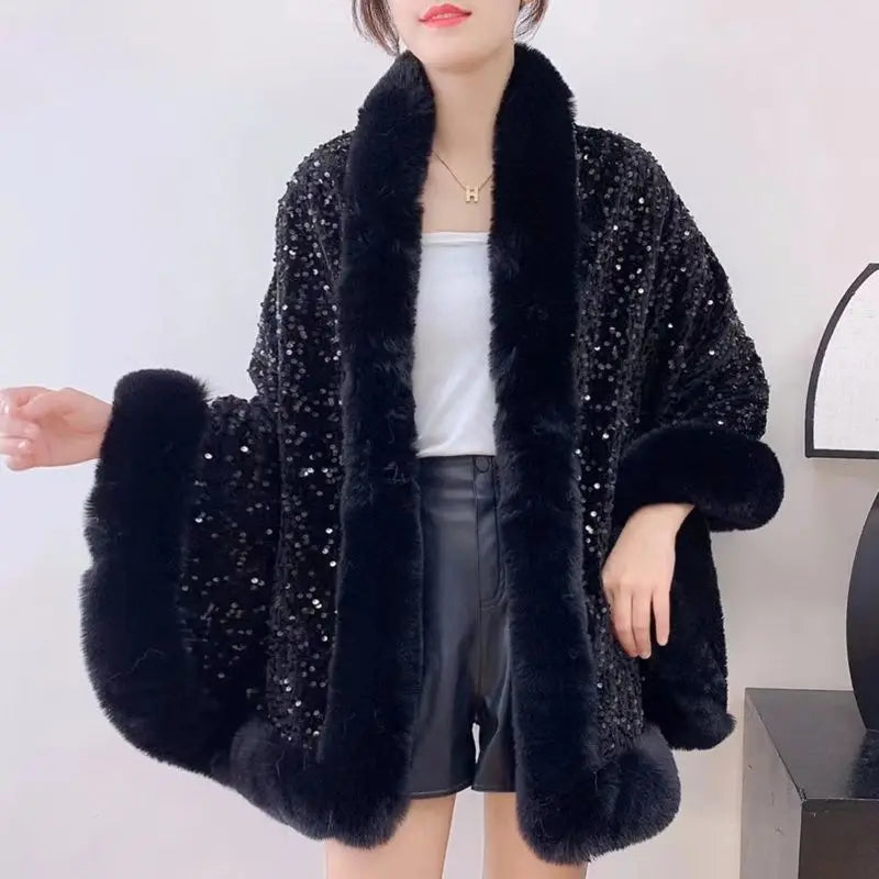 Fashion Shiny Paillette Faux Rex Rabbit Fur Cape Coat Women Winter Thicken Lining Warm Party Dress Cloak Shawl Women Wraps New