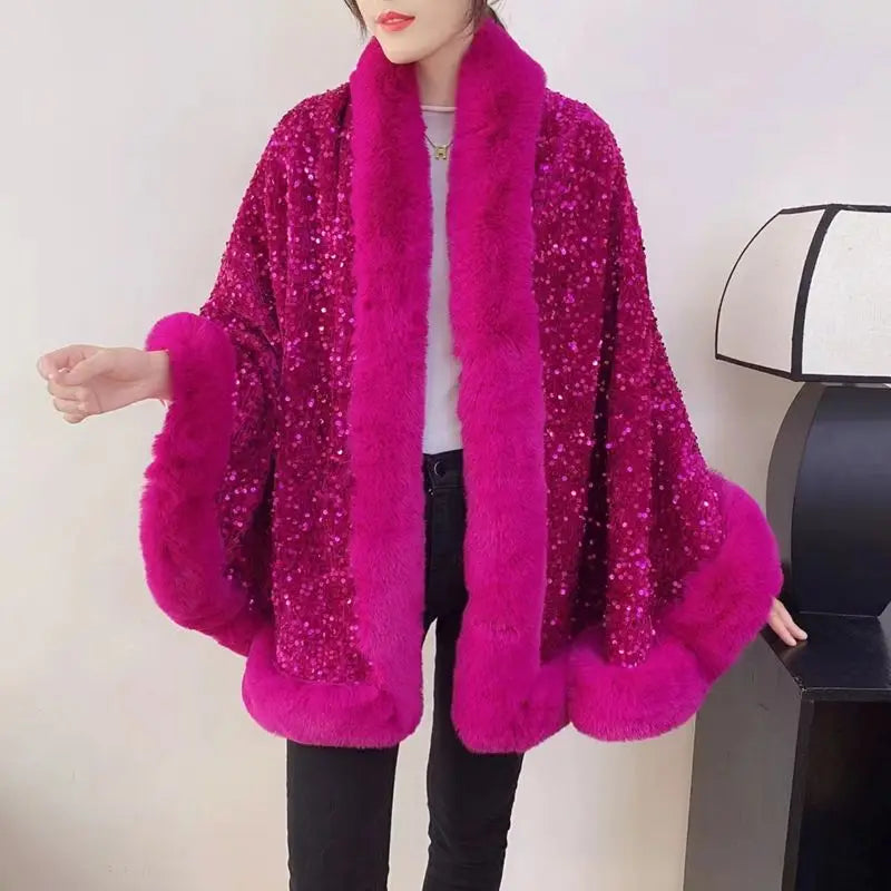 Fashion Shiny Paillette Faux Rex Rabbit Fur Cape Coat Women Winter Thicken Lining Warm Party Dress Cloak Shawl Women Wraps New