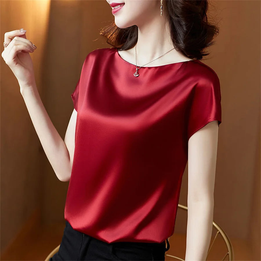 Office Lady Tops Summer Short Sleeve O-Neck Blouses Satin Blouse Women Shirts Simple Solid Casual Loose Shirt Blusas