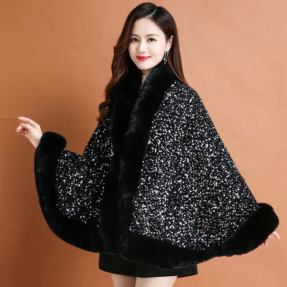 Winter Sequin Knitted Shawl Coat Ladies Fashion Fur Collar Thicken Warm Poncho Cape Women Cardigan Female Sleeveless Cloak Tops