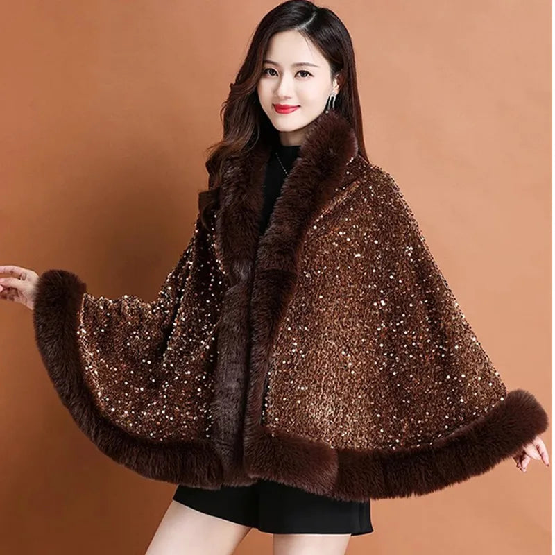 Fashion Shiny Paillette Faux Rex Rabbit Fur Cape Coat Women Winter Thicken Lining Warm Party Dress Cloak Shawl Women Wraps New