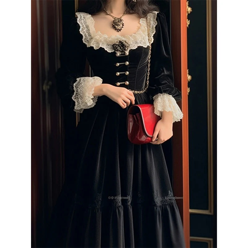 Elegant Women Dress Black Vintage Velvet Long Sleeve Gothic French Style Office Ladies Y2K Casual Evening Party Dresses