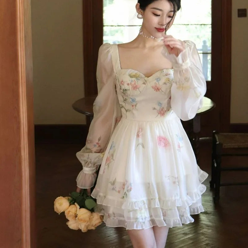 Autumn Evening Party Mini Dress Sweet Elegant Women Retro One Piece Square Neck Dresses Korean Y2k Japanese Kawaii Floral Dress