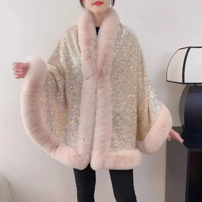 Fashion Shiny Paillette Faux Rex Rabbit Fur Cape Coat Women Winter Thicken Lining Warm Party Dress Cloak Shawl Women Wraps New