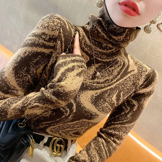 Women Clothing Elegant Fashion Slim Turtleneck Sweaters Autumn Winter Vintage All-match Geometric Knit Pullovers Long Sleeve Top