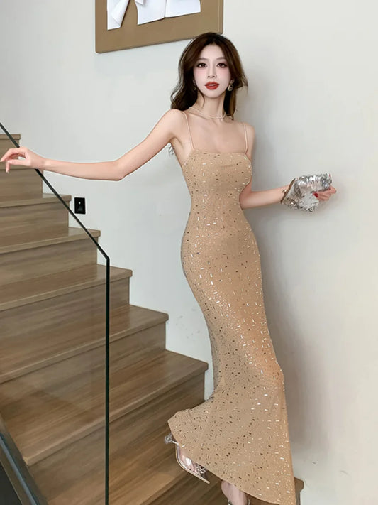 Summer Inlaid Diamonds Sexy Fishtail Halter Dress Women's Sequins High Fork Sleeveless Slim Wrap Hip Evening Dress Long Skirt