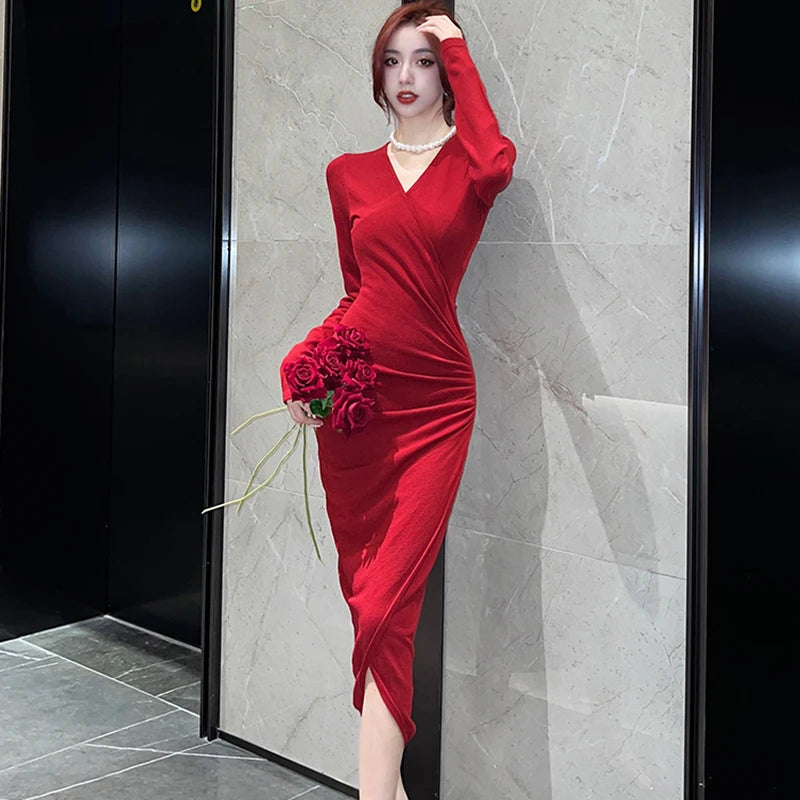 Red Knitted Pleated Bodycon Prom Clothing Autumn Winter Elegant Luxury Party Evening Dress Women Korean Chic Festival Dress