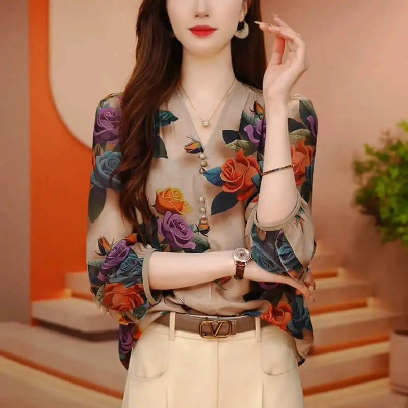 Women Summer Vintage Floral Print Blouses Korean Fashion V Neck 3/4 Sleeve Elegant Shirts Female Casual Ruffled Loose Chic Tops