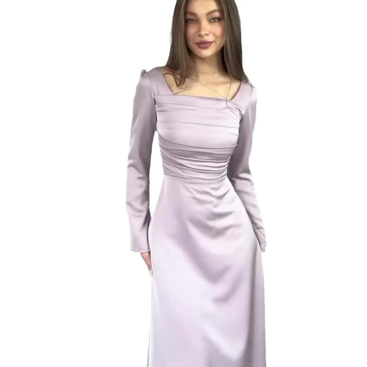 spring new slim fitting diamond studded strap long sleeved satin slim fitting dress for women