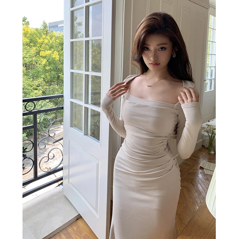 French Elegant Sexy Square Collar Bodycon Party Long Evening Dress Women Fashion Long Sleeve Mermaid Prom Hip Hugging Dress