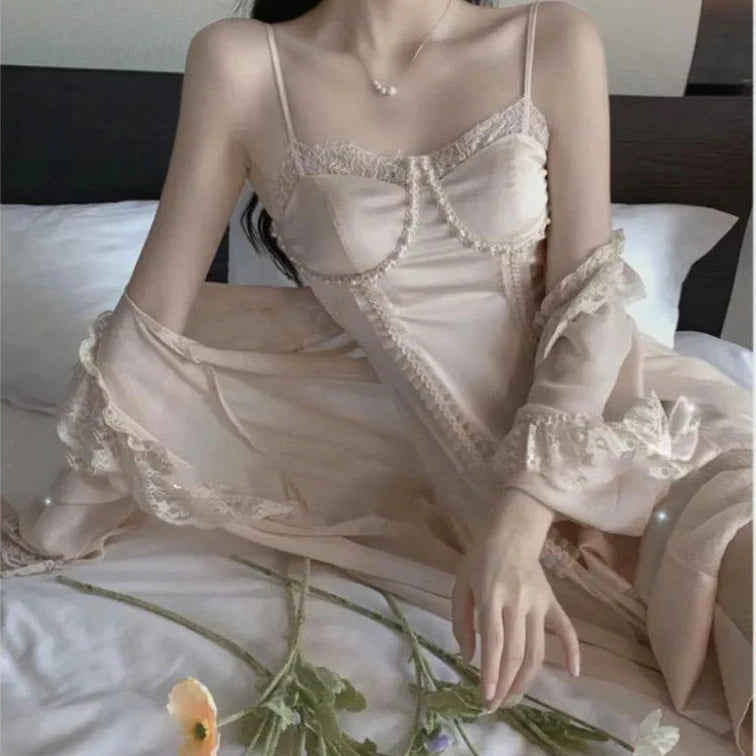 Female Long 2PCS Nighty&Robe Sleepwear Set Sexy Long Lace Trim Bathrobe Gown Suspender Nightdress Summer Loose Satin Home Wear