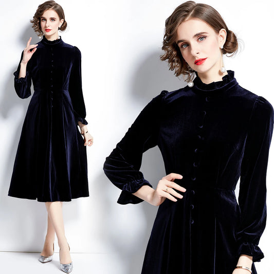 JAMERARY Autumn Velvet Dress For Women Single Breasted Ruffles Stand Collar Long Sleeve Fashion Vestidos Winter Outfits