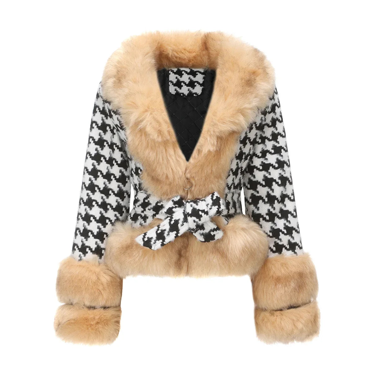 Women's Belted Plaid Tweed Jacket, Short Zipper Coat, Removable Faux Fur Collar, Slim Blouse, Female Overcoat,